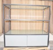 1 x Commercial 3-Tier Wired Glass-shelved Metal Framed Shop Display Unit Fixture with 2-Door Storage