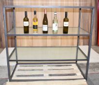 1 x Commercial 3-Tier Wired Glass-shelved Gunmetal Framed Shop Display Unit Fixture - Ref: HPS106/