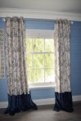 2 x Pairs of Bespoke Lined Curtains with Blue Velvet Trims + 1 x Blind