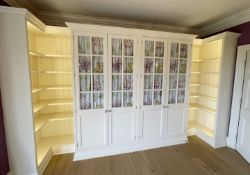 1 x Bespoke Solid Wood Fitted Illuminated Wardrobe Unit in Cream with Glazed, Curtained Doors