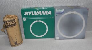 8 x ASSORTED Bulbs - Includes Silvania Fluorescent Circular Bulbs And Atlas Bulb - Original
