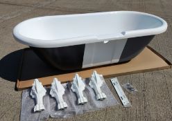 1 x Contemporary Freestanding Bath In Black and White with Gloss White Decorative Feet - Unused