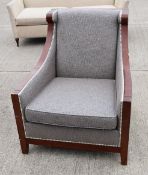 Pair of Stylish Upholstered Lounge Armchairs with Sweeping Curved Design and Studded Detail -