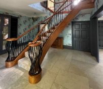 1 x Bespoke Curved Solid Hardwood Staircase with Metal Balustrade and Hand Carved Rails