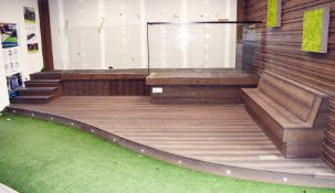 1 x Raised Decking Patio Area Featuring an Antique Oak Finish, Steps, Glass Balustrade, Seating