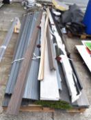 1 x Pallet of Outdoor Cabin Building Materials Including Decking, Corner Strips and Artificial Grass