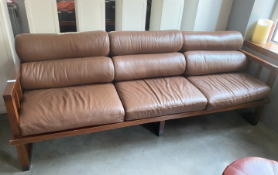 1 x Bespoke Scandinavian Style Sofa with Wooden Frame and Brown Leather Seats - Dimensions: 235 cms