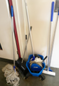 1 x Assorted Collection of Janitorial Equipment - Mop Bucket, Mops and Brushes