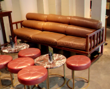 1 x Bespoke Scandinavian Style Sofa with Wooden Frame and Brown Leather Seats - Dimensions: 235 cms