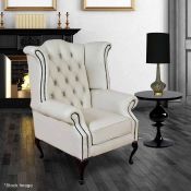 1 x Chesterfield High Back Wing Queen Anne-Style Chair, Upholstered in White Leather - Original