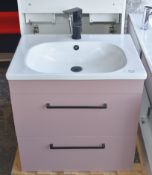 1 x Bathroom Wall Mounted Vanity Unit Featuring a Cherry Blossom Finish, Ceramic Inset Basin