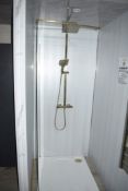 1 x Walk In Shower Set Featuring a Glass Shower Screen with Gold Mounting Arms, a Stone Resin Tray