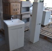 1 x Modern Bathroom Suite Featuring a Toilet Unit & Pan, Vanity Unit & Basin with Mixer and Tallboy