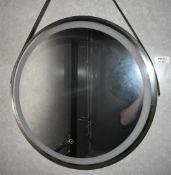 1 x Round Hanging Illuminated Wall Mirror with Gold Surround and Leather Hanging Strap