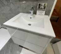 1 x White Gloss Wall Mounted Bathroom Vanity Unit Featuring Push to Open Drawers, Ceramic Basin