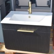1 x Wall Mounted Bathroom Vanity Unit Featuring a Fluted Fascia Finished in Black, Large Pull Out