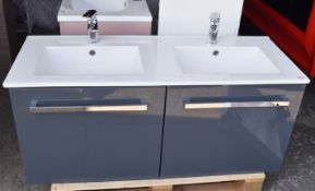 1 x Wall Mounted His & Hers Vanity Unit with Twin Ceramic Sink Basin, Chrome Mixer Taps
