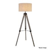 1 x Easel Tripod Washed Wood Ip20 60W E27 Gls Floor Lamp With Linen Drum Shade - Original Retail £70