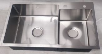 1 x Twin Bowl Contemporary Kitchen Sink Basin - Stainless Steel Finish - Model KS0059 - Includes Acc