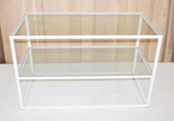 1 x Commercial 2-Tier Wired Glass-shelved Metal Framed Shop Display Unit Fixture in White - Ref: