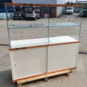 1 x Freestanding 1.48-Metre Tall Rose Gold Metal-Framed, Tempered Glass Display Unit With 2 Glass