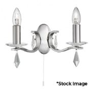 1 x Royale 2 Light Wall Bracket In Satin Silver With Hexagonal Clear Glass Sconces - Original Retail