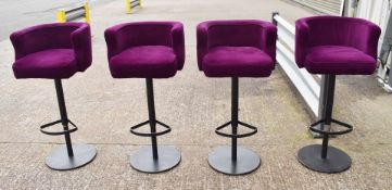 Set of 4 x Commercial Bar Stools Featuring Purple Velvet Tub Seats and Black Bases with
