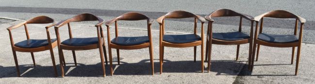 6 x Dining Chairs in the Style of Danish Designer Hans Wegner - Solid Wood with Black Leather Seats