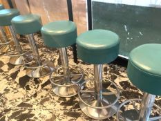 6 x Commercial Bar Stools Featuring Chrome Bases, Footrests and Turquoise Leather Cushioned Seats