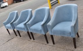 Set of 4 x Commercial Restaurant Chairs Featuring Blue Velvet Upholstery, Sloped Arms and Wooden