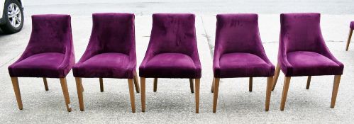 Set of 5 x Commercial Restaurant Chairs Featuring Purple Velvet Upholstery, Sloped Arms and Wooden