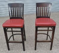 6 x Wooden Commercial Bar Stools with Red Leather Cushioned Seat Pads - Dark Stain Wooden Finish -