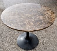 1 x Brown Round Marble Top Restaurant Dining Table with a Black Tulip Pedestal Base - Dimensions:
