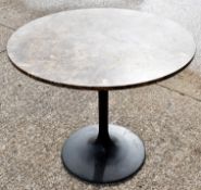 1 x Brown Round Marble Top Restaurant Dining Table with a Black Tulip Pedestal Base - Dimensions:
