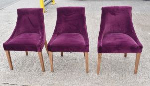 Set of 3 x Commercial Restaurant Chairs Featuring a Purple Velvet Studded Upholstery, Sloped Arms