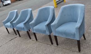 Set of 4 x Commercial Restaurant Chairs Featuring Blue Velvet Upholstery, Sloped Arms and Wooden