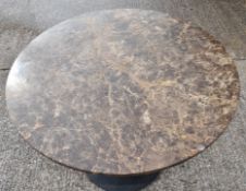1 x Brown Round Marble Top Restaurant Dining Table with a Black Tulip Pedestal Base - Dimensions: