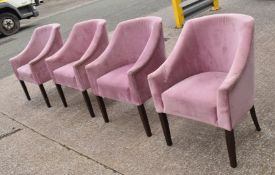 Set of 4 x Commercial Restaurant Chairs Featuring Pink Velvet Upholstery, Sloped Arms and Wooden