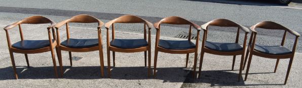 6 x Dining Chairs in the Style of Danish Designer Hans Wegner - Solid Wood with Black Leather Seats