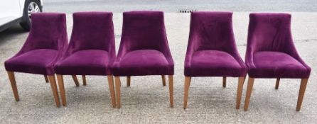 Set of 5 x Commercial Restaurant Chairs Featuring Purple Velvet Upholstery, Sloped Arms and Wooden