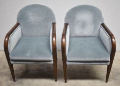 2 x Art Deco Style Armchairs Featuring Blue Crushed Velvet Upholstery and Curved Wooden Armrests -