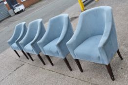 Set of 4 x Commercial Restaurant Chairs Featuring Blue Velvet Upholstery, Sloped Arms and Wooden