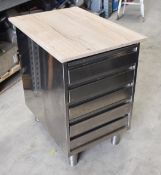 1 x Stainless Steel Five Drawer Cabinet With a Wooden Prep Surface - Dimensions: H81 x W54 x D77 cms