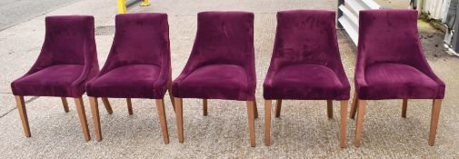 Set of 5 x Commercial Restaurant Chairs Featuring Purple Velvet Upholstery, Sloped Arms and Wooden