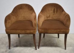 2 x Crushed Velvet Lounge Chairs Featuring Brown Upholstery, Curved Backs and Tapered Legs -