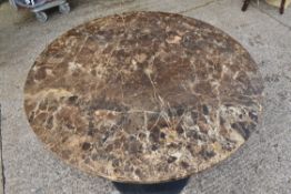 1 x Brown Round Marble Top Restaurant Dining Table with a Black Tulip Pedestal Base - Dimensions: