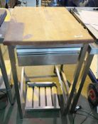 1 x Stainless Steel Prep Island With Wooden Cutting Block Top and Utensil Drawer