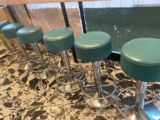 6 x Bar Stools Featuring Chrome Bases, Footrests and Green Seats