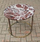 2 x Maron Imperial Marble Topped Round Side Tables with Brass Base - Dimensions: H42 x Diameter 53cm