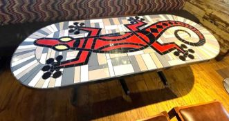 1 x Bespoke Mexican Inspired Mosaic Dining Table Featuring a Gecko Lizard, Metal Edging